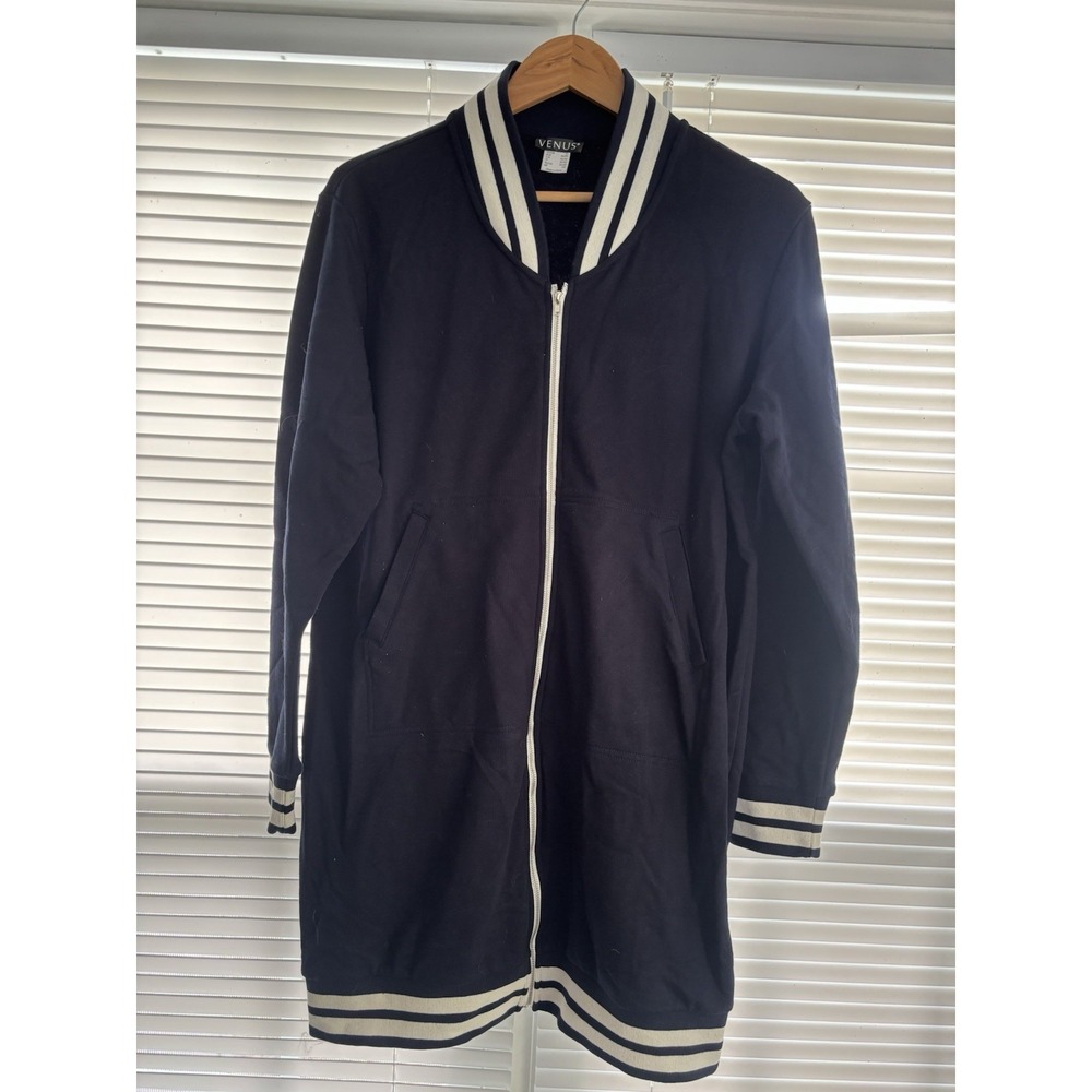Venus Women Long Zip Up Bomber Jacket Sz XL‎ Black Varsity Stripe Trim Pocket
